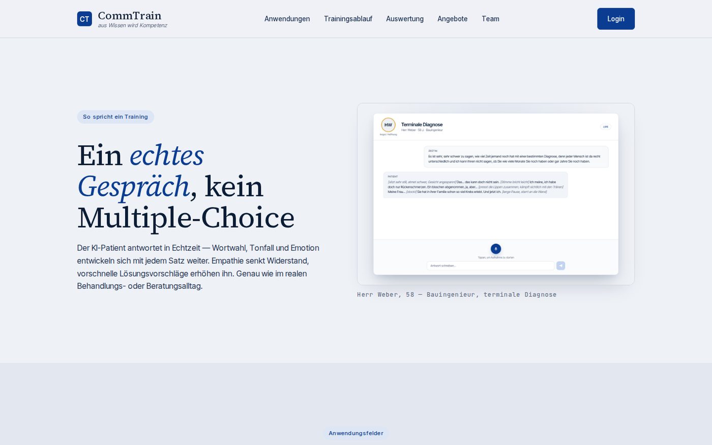CommTrain: Startseite mit einem Übungsgespräch